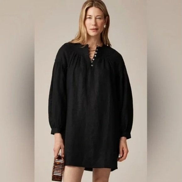 J. Crew Black Gathered Popover Dress in Linen - Size M - Picture 1 of 8